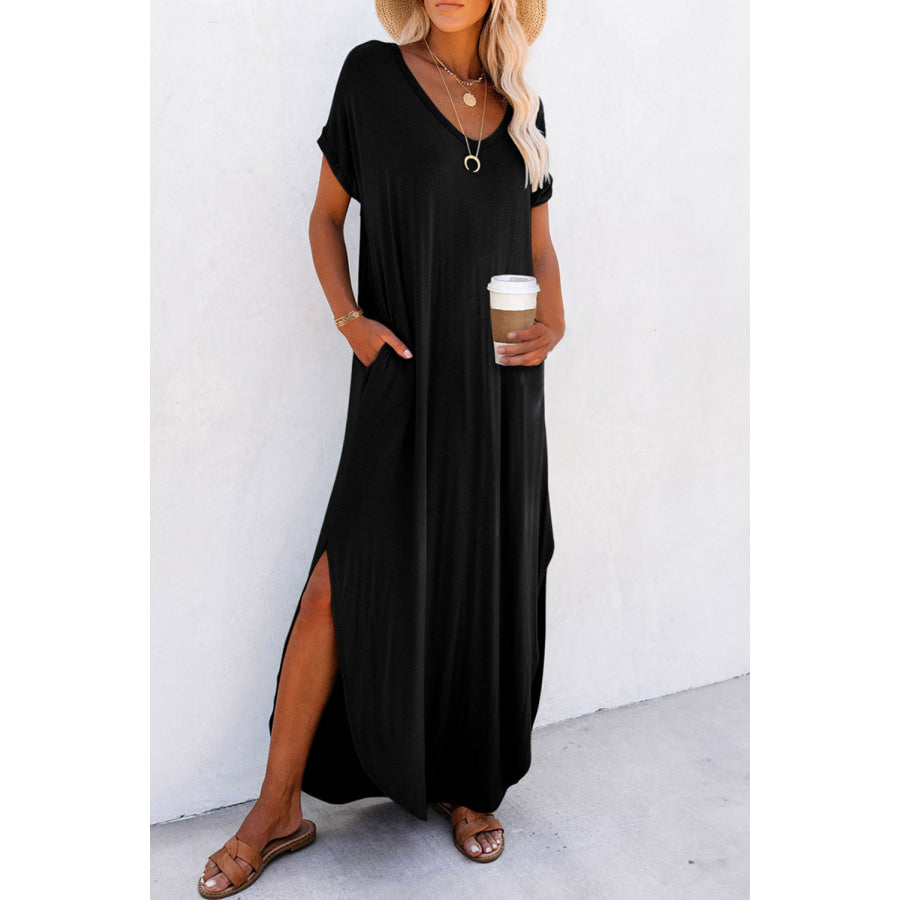 Slit Round Neck Short Sleeve Maxi Dress Black / S Apparel and Accessories