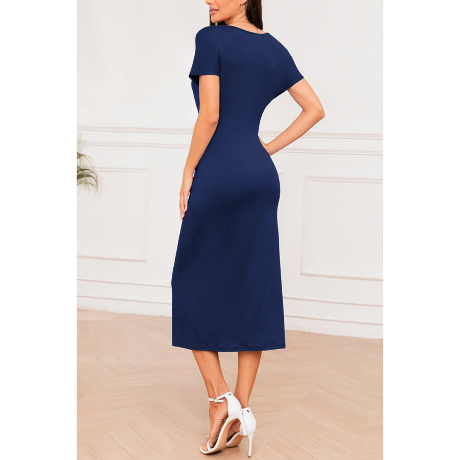 Slit Round Neck Short Sleeve Midi Dress Apparel and Accessories