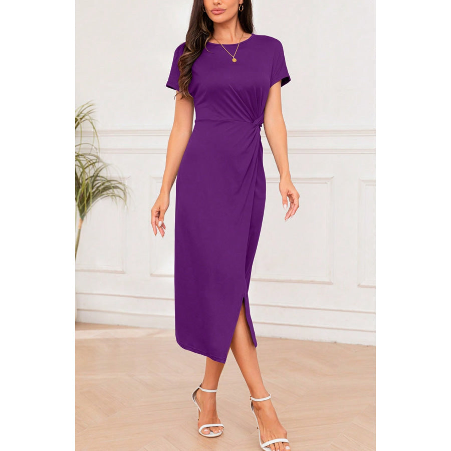 Slit Round Neck Short Sleeve Midi Dress Apparel and Accessories