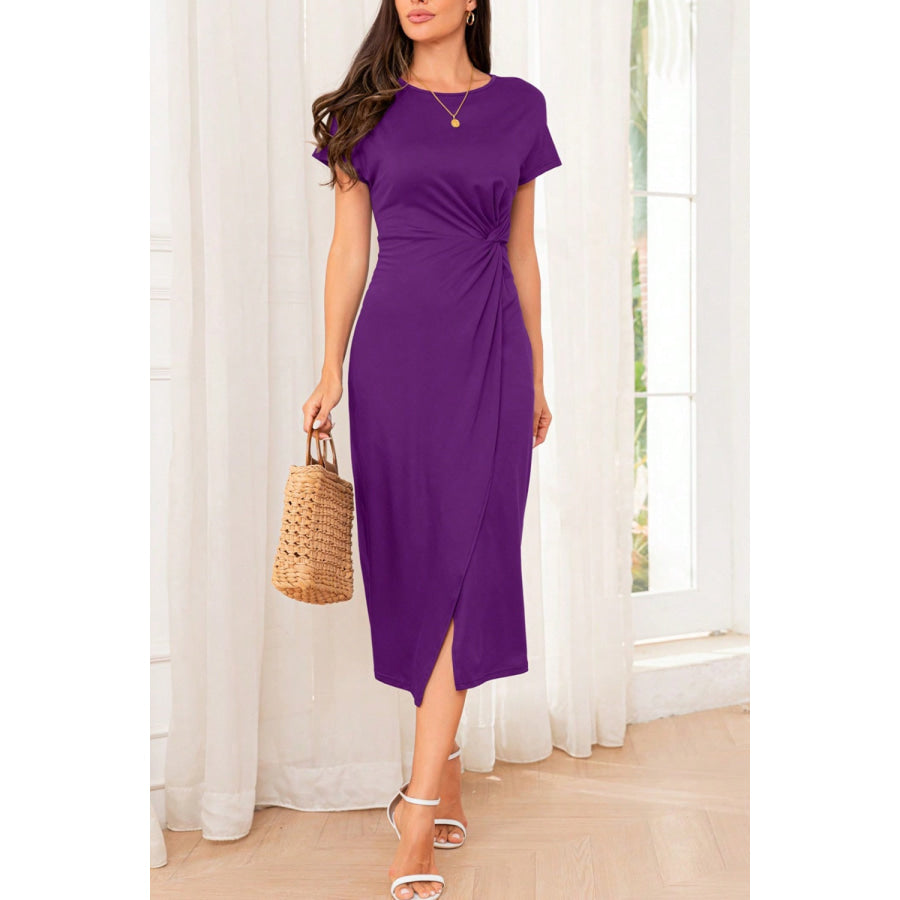 Slit Round Neck Short Sleeve Midi Dress Apparel and Accessories