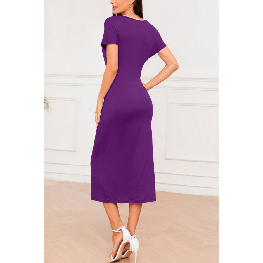 Slit Round Neck Short Sleeve Midi Dress Mauve / S Apparel and Accessories