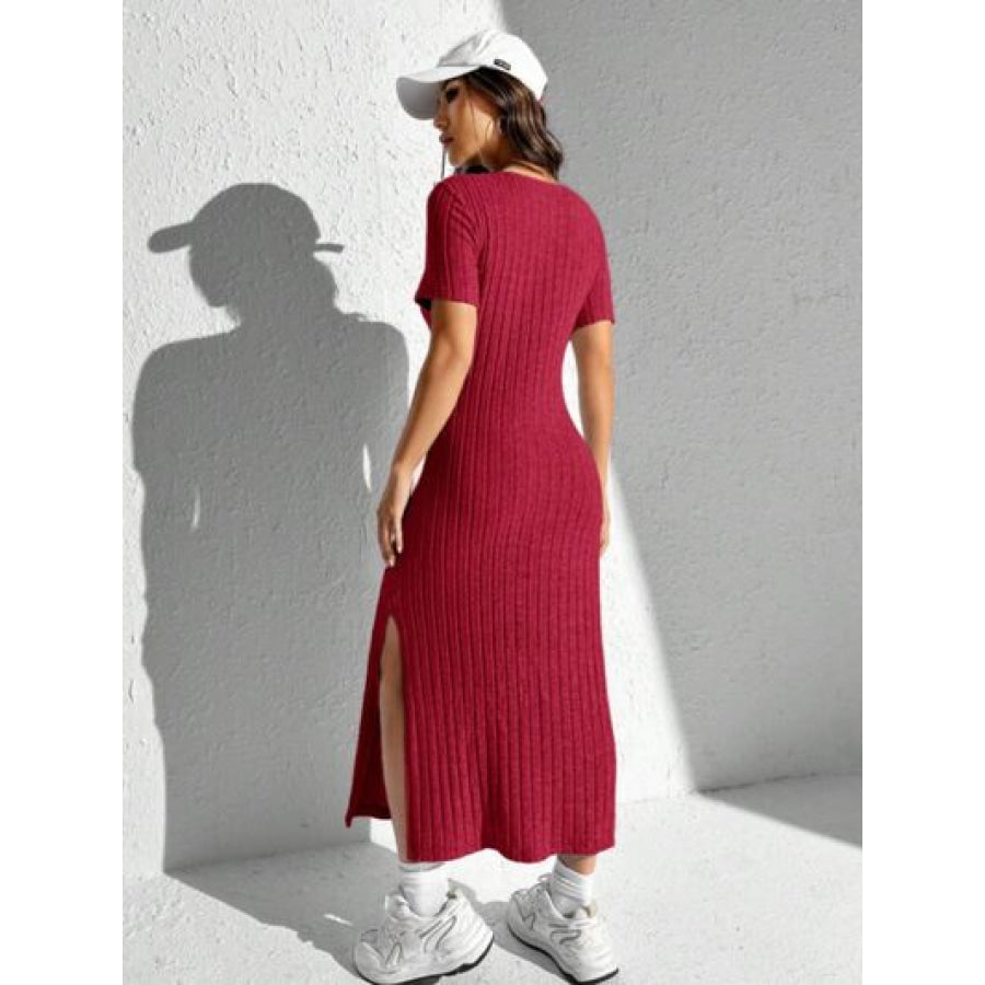 Slit Round Neck Short Sleeve Sweater Dress Scarlet / S Apparel and Accessories