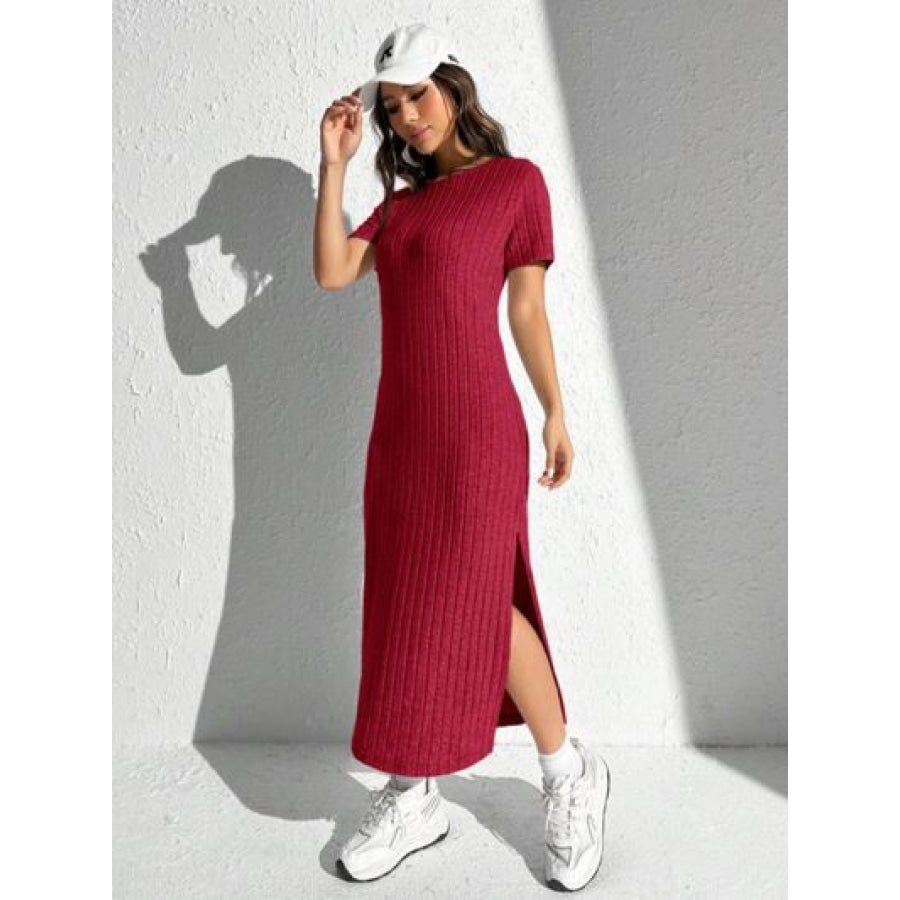 Slit Round Neck Short Sleeve Sweater Dress Apparel and Accessories