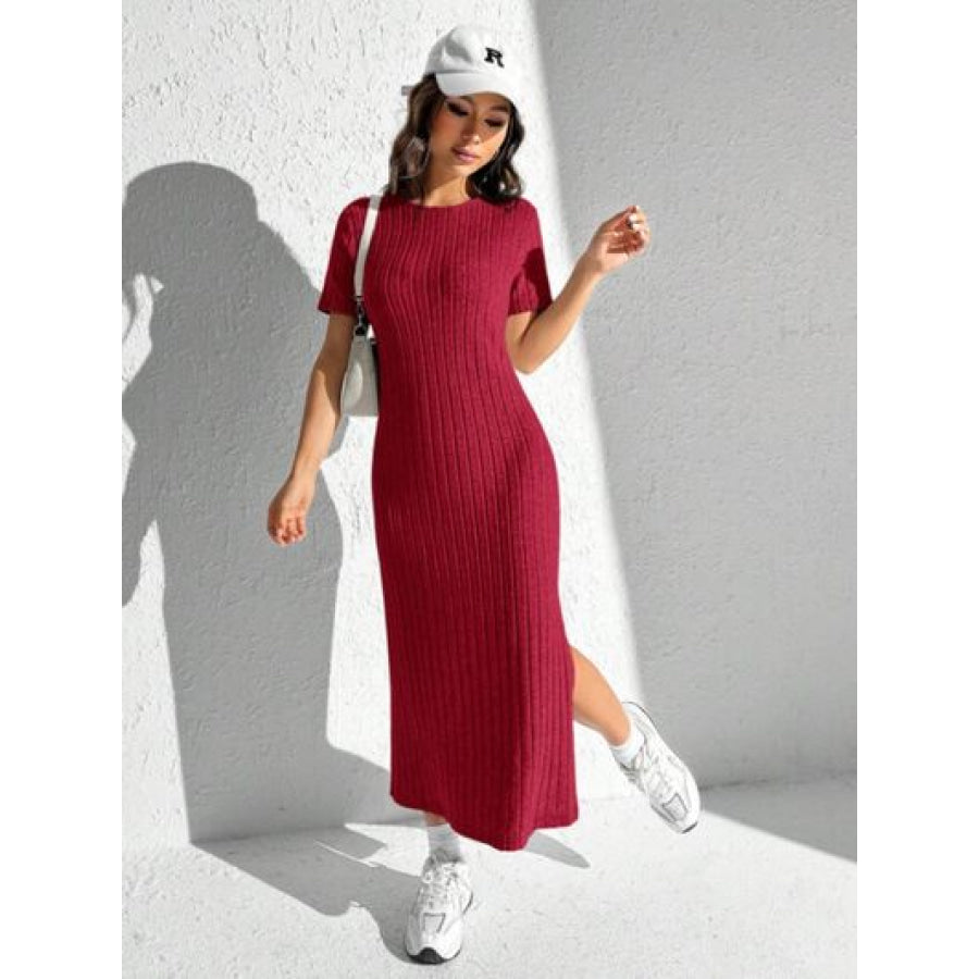 Slit Round Neck Short Sleeve Sweater Dress Apparel and Accessories