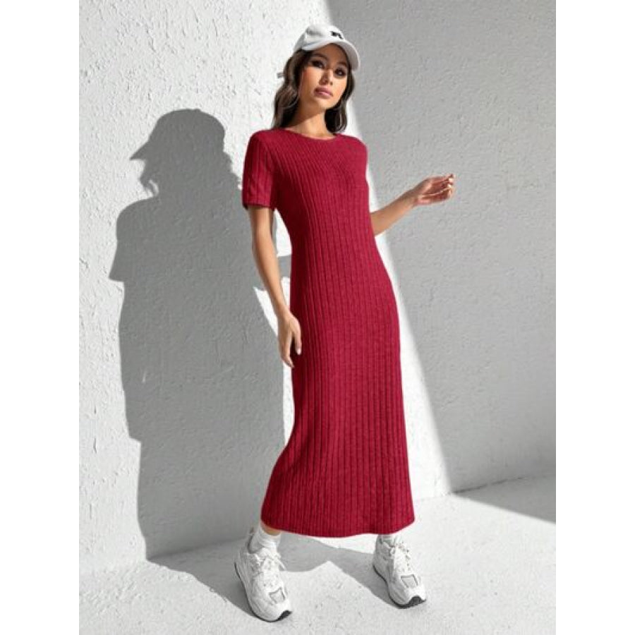 Slit Round Neck Short Sleeve Sweater Dress Scarlet / S Apparel and Accessories