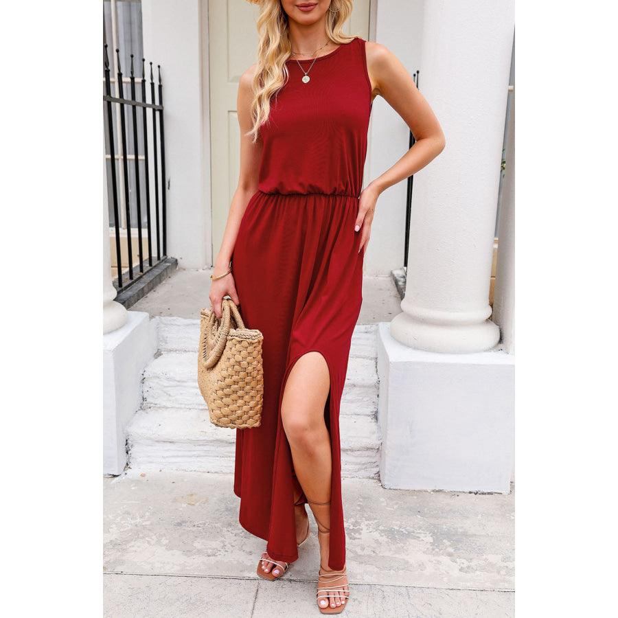 Slit Round Neck Sleeveless Dress Scarlet / S Apparel and Accessories