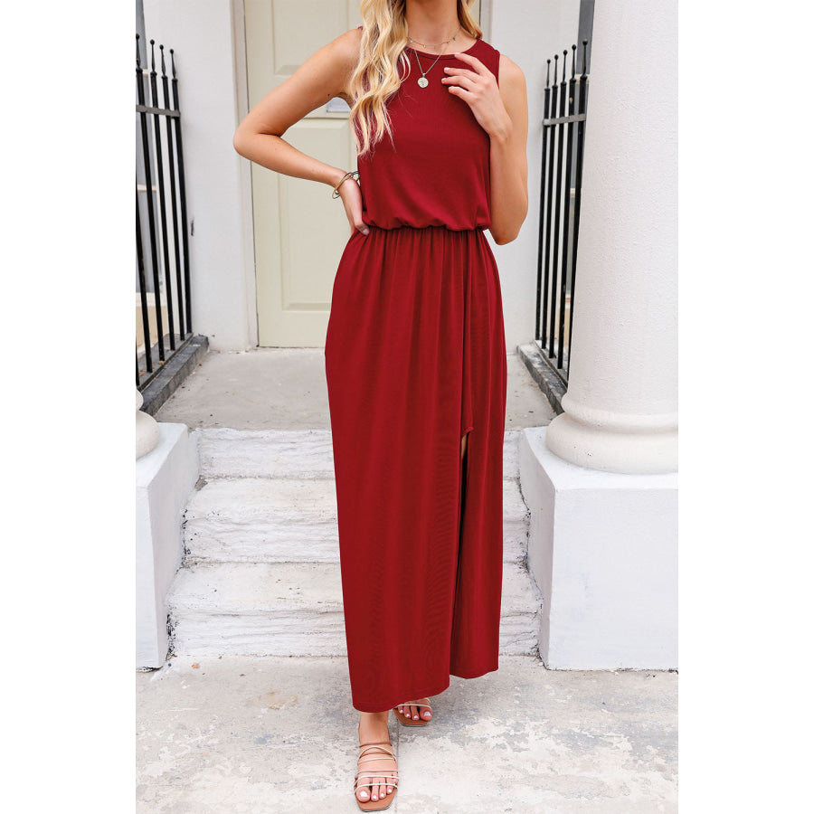 Slit Round Neck Sleeveless Dress Scarlet / S Apparel and Accessories