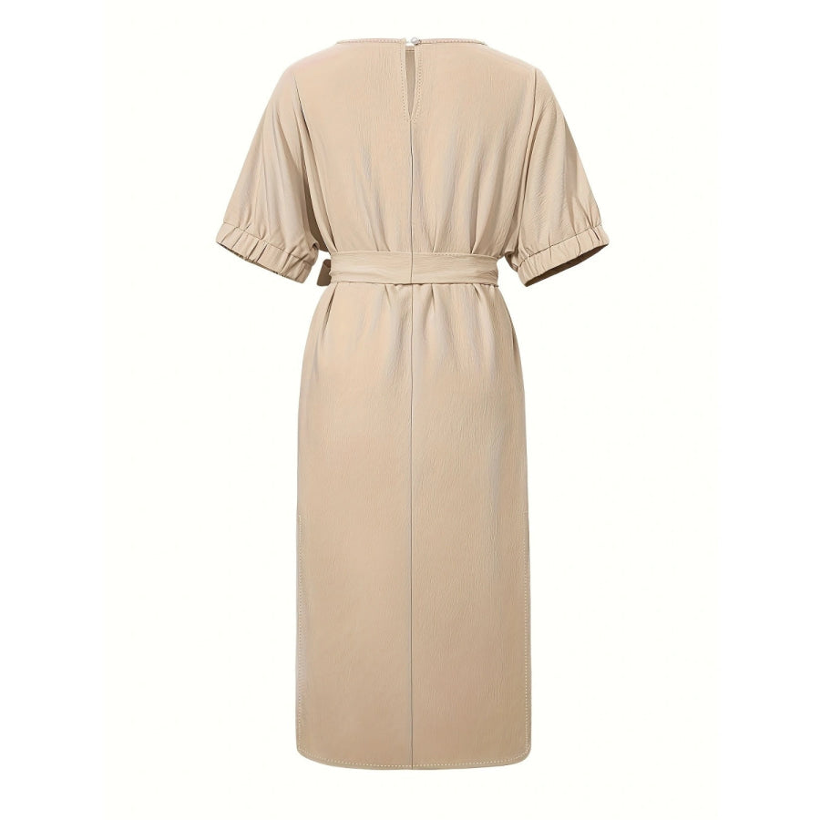 Slit Round Neck Tie Waist Midi Dress Apparel and Accessories