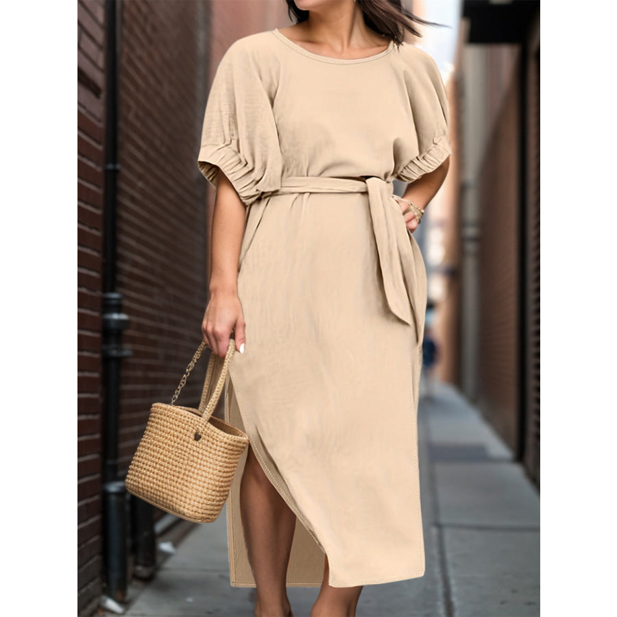 Slit Round Neck Tie Waist Midi Dress Sand / S Apparel and Accessories