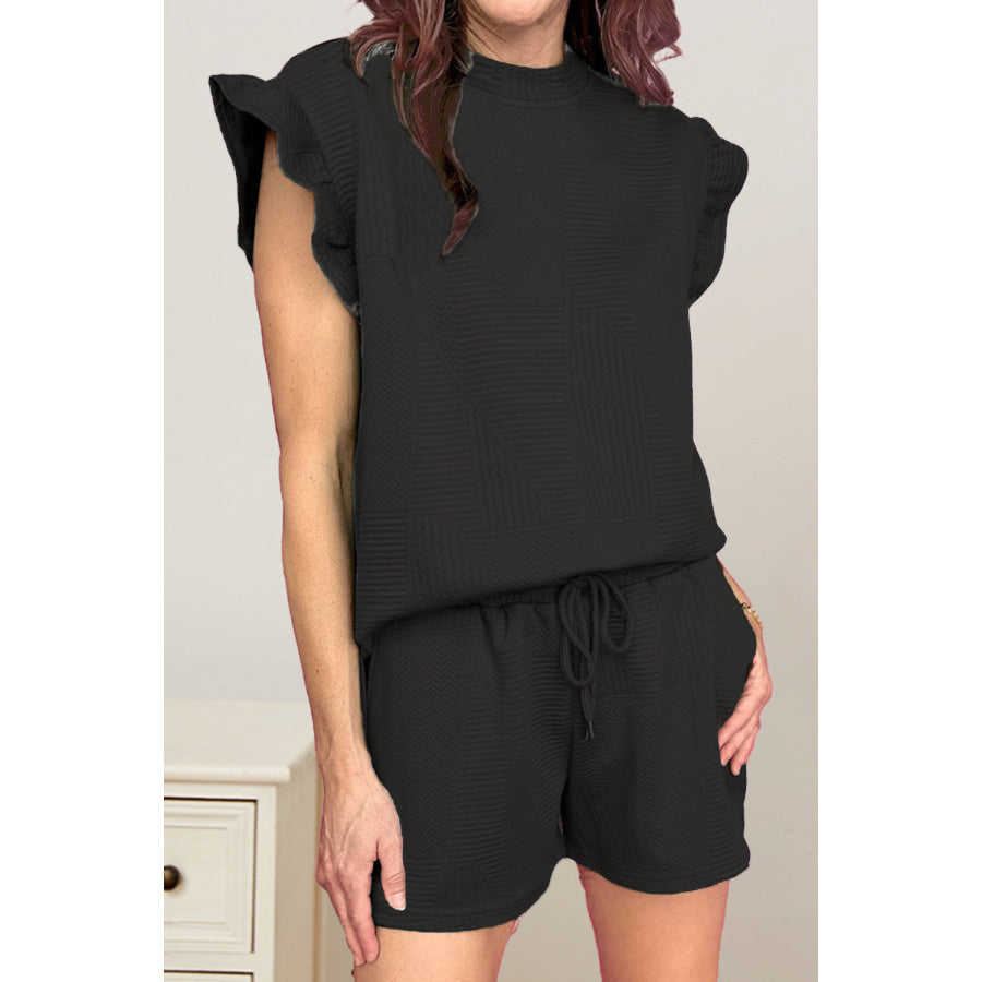 Slit Round Neck Top and Drawstring Shorts Set Black / S Apparel and Accessories