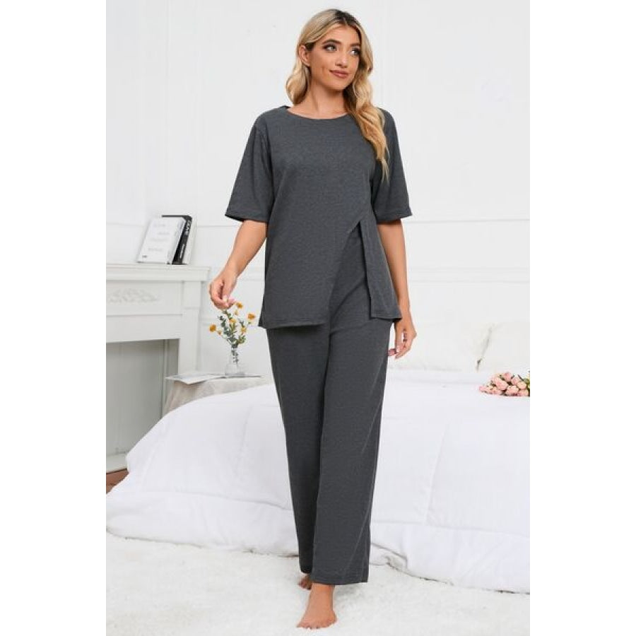 Slit Round Neck Top and Pants Lounge Set Charcoal / S Clothing