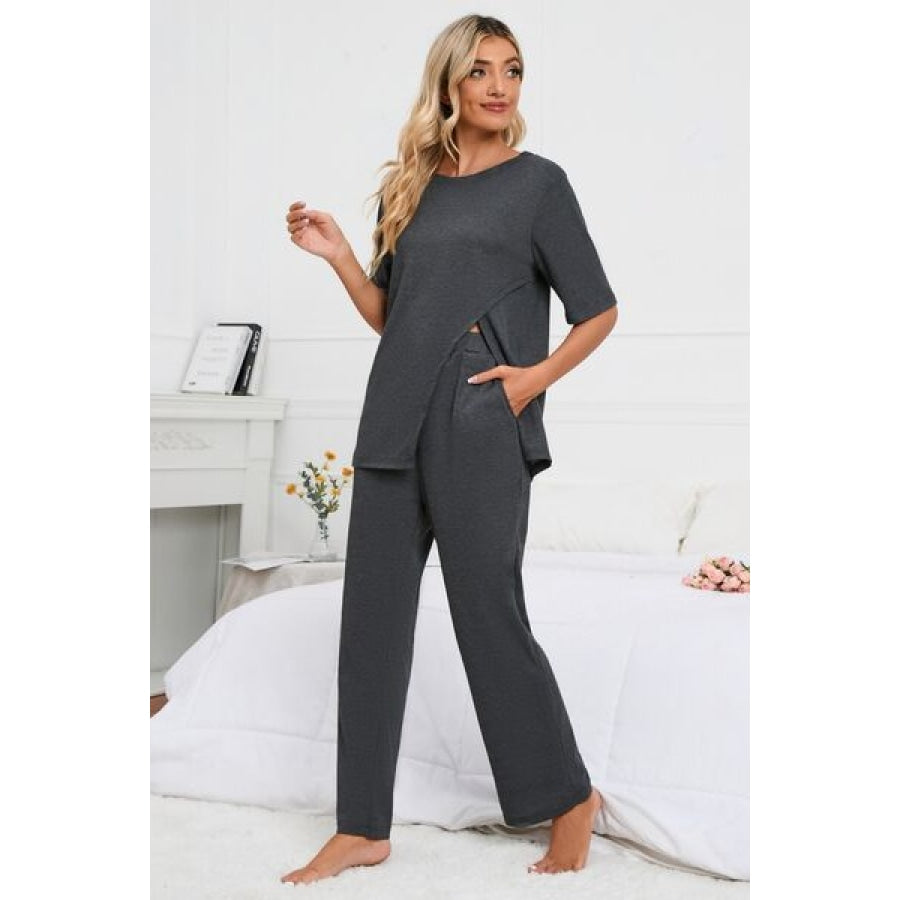 Slit Round Neck Top and Pants Lounge Set Clothing