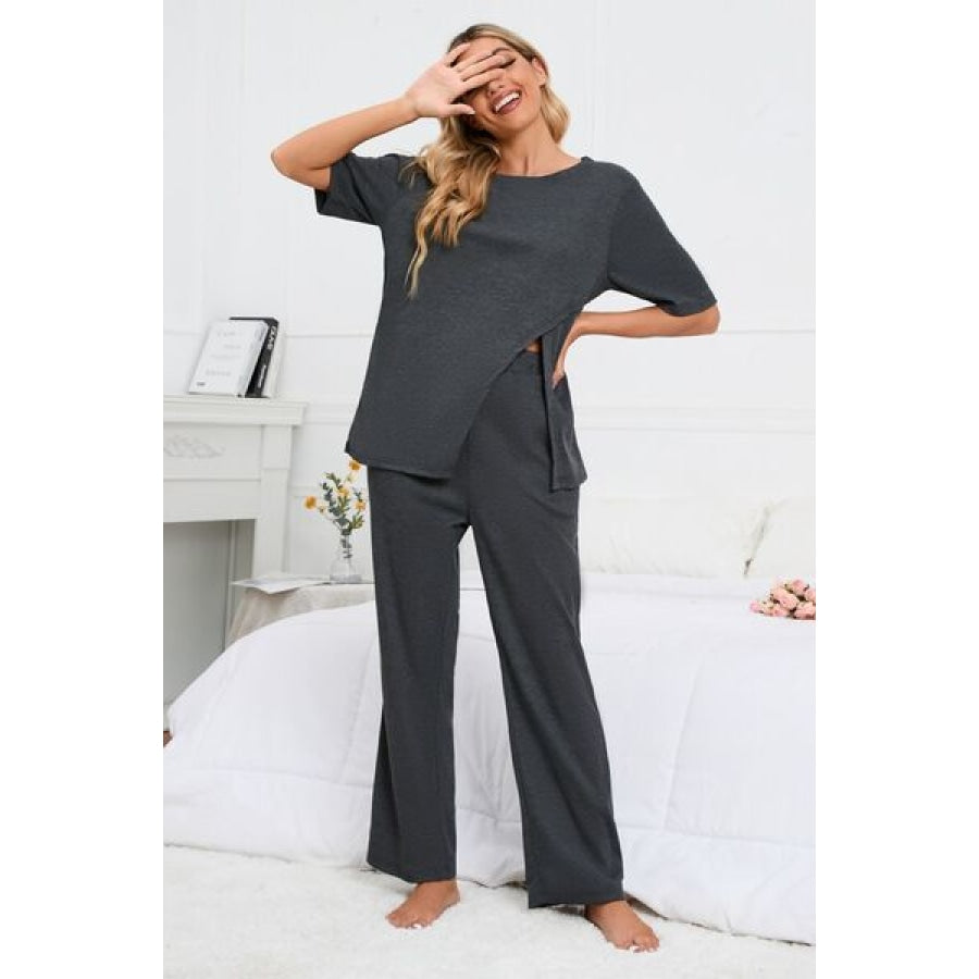 Slit Round Neck Top and Pants Lounge Set Clothing