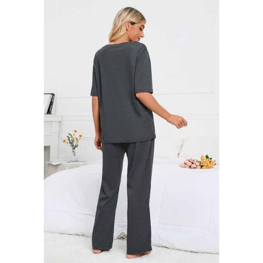 Slit Round Neck Top and Pants Lounge Set Charcoal / S Clothing