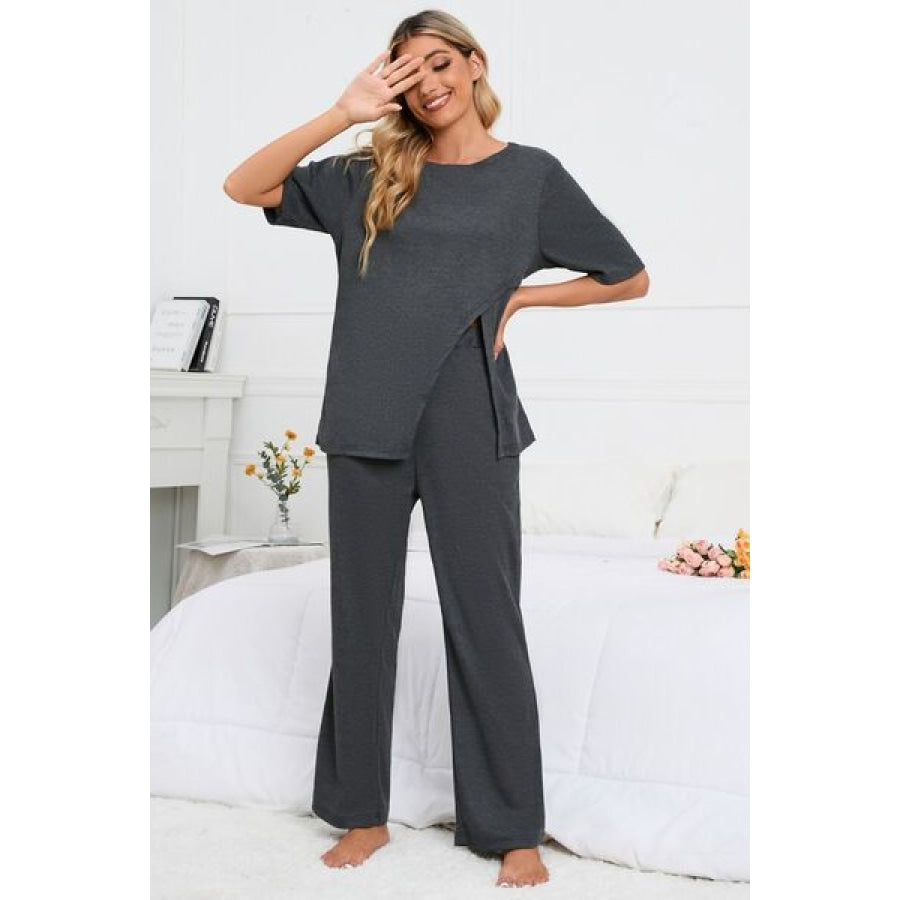 Slit Round Neck Top and Pants Lounge Set Clothing