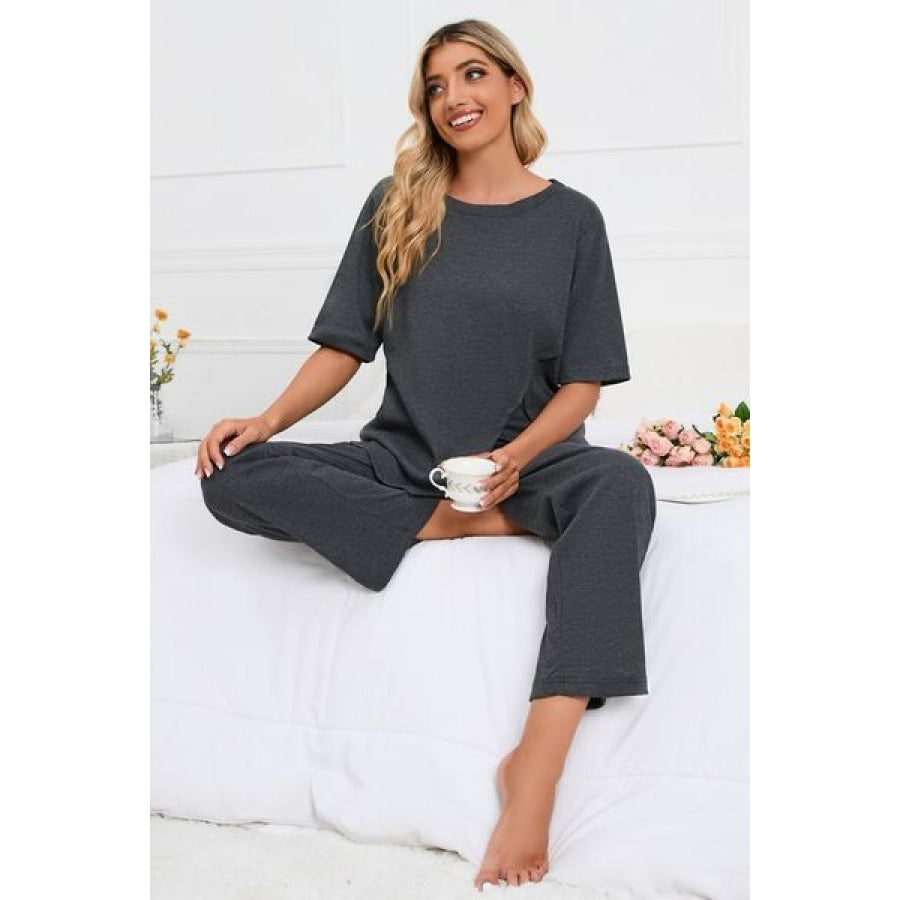 Slit Round Neck Top and Pants Lounge Set Clothing