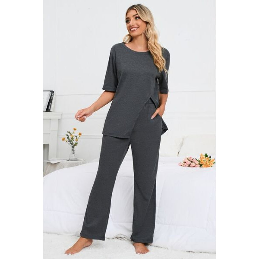 Slit Round Neck Top and Pants Lounge Set Clothing