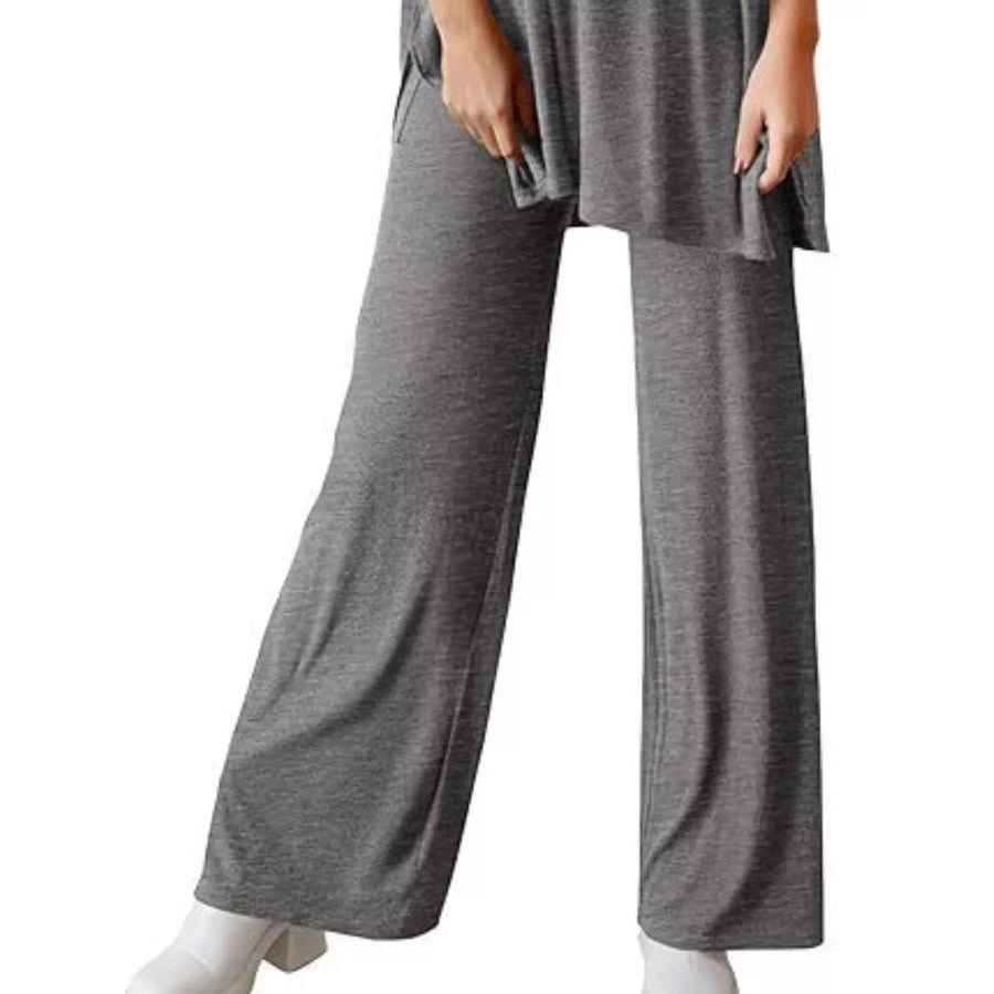 Slit Round Neck Top and Pants Set Apparel and Accessories