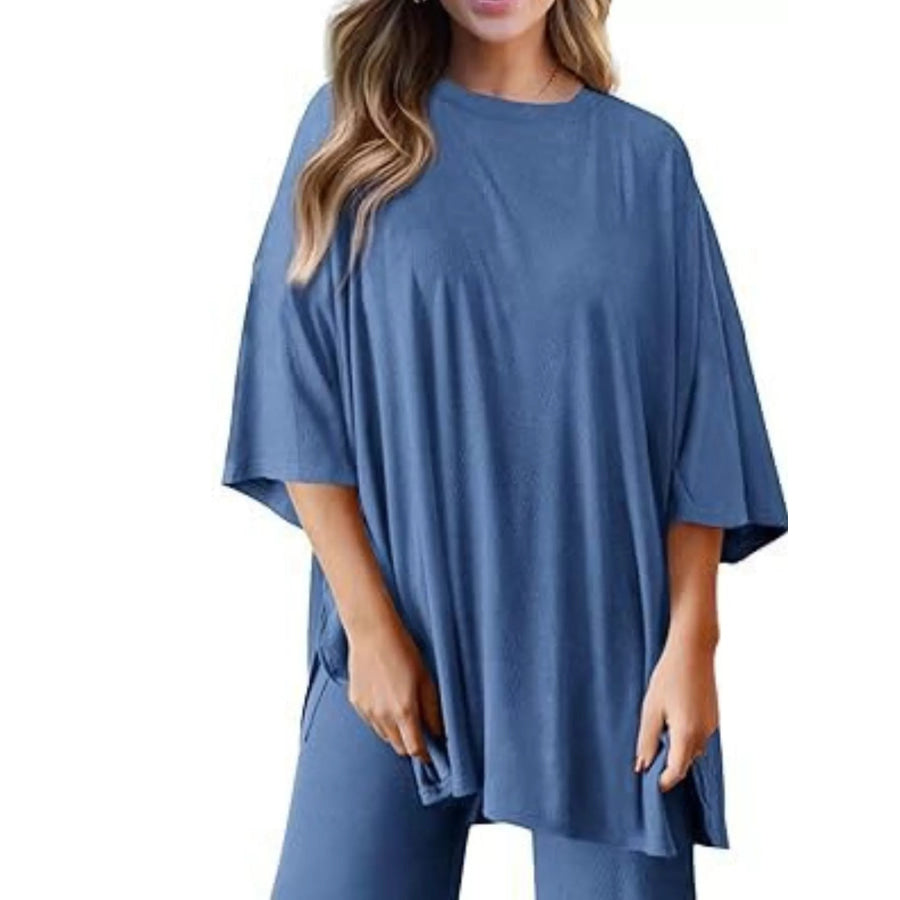Slit Round Neck Top and Pants Set Apparel and Accessories
