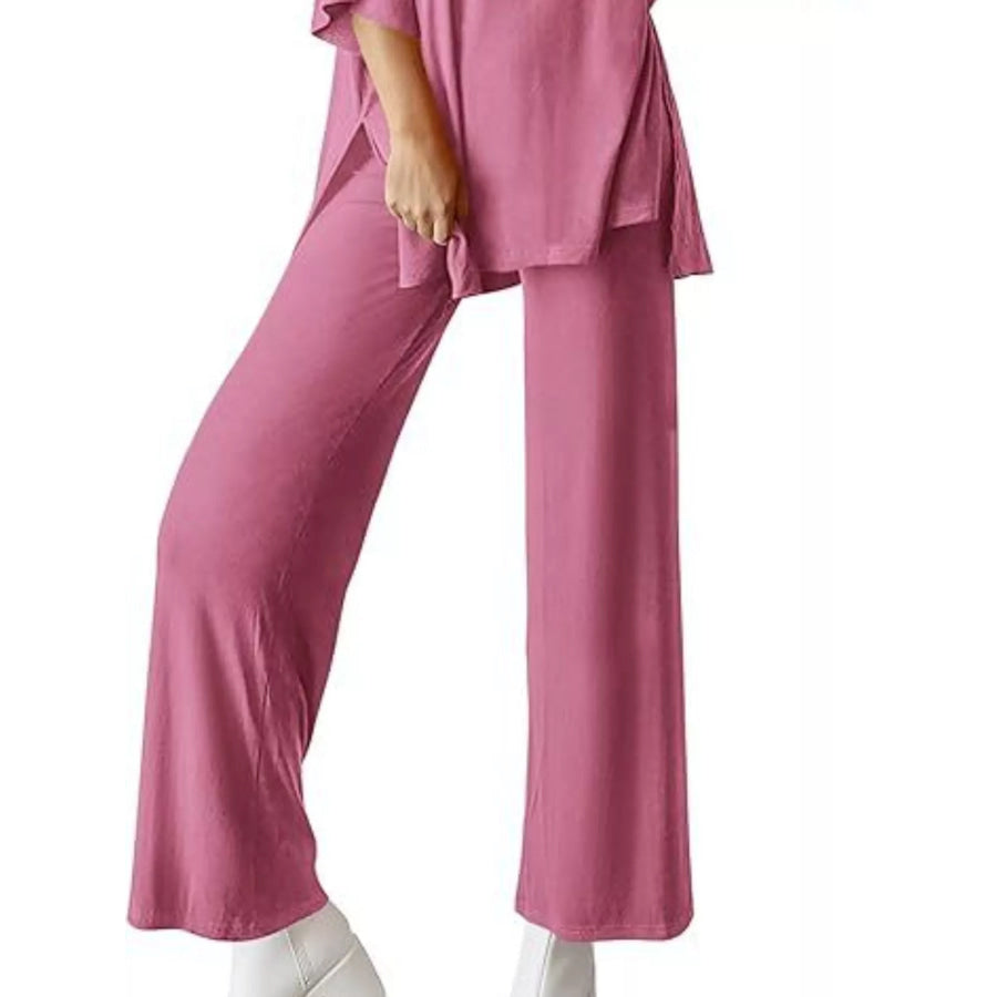 Slit Round Neck Top and Pants Set Apparel and Accessories