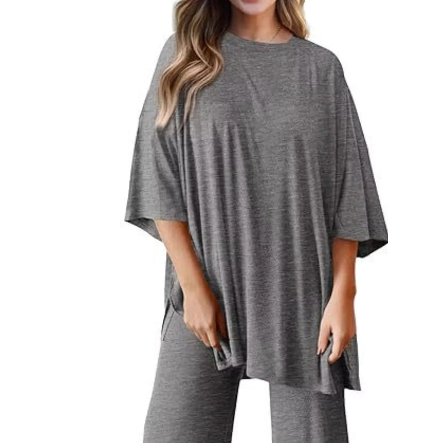 Slit Round Neck Top and Pants Set Apparel and Accessories