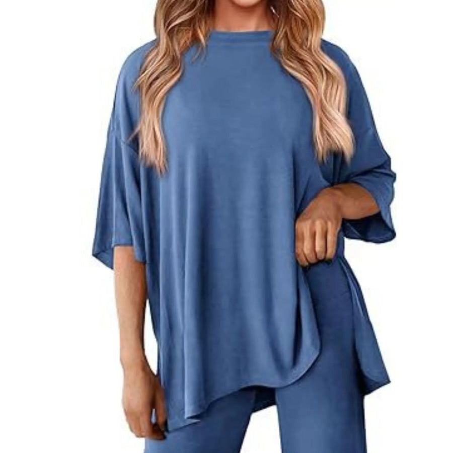 Slit Round Neck Top and Pants Set Apparel and Accessories