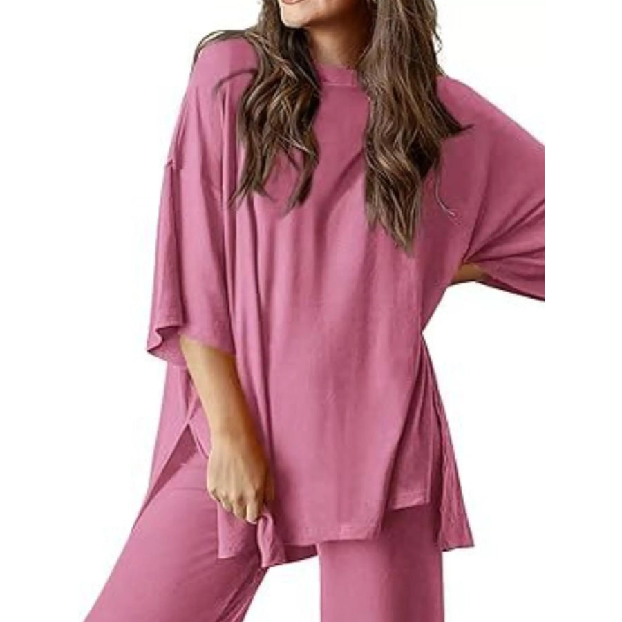 Slit Round Neck Top and Pants Set Apparel and Accessories