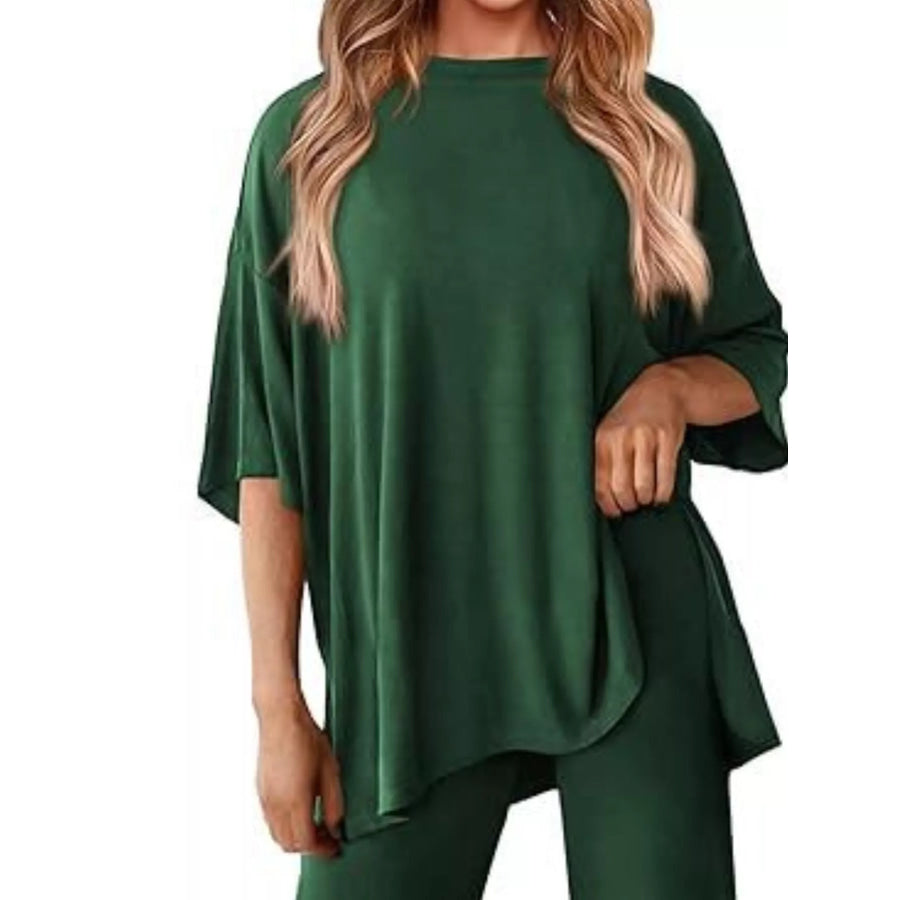 Slit Round Neck Top and Pants Set Apparel and Accessories