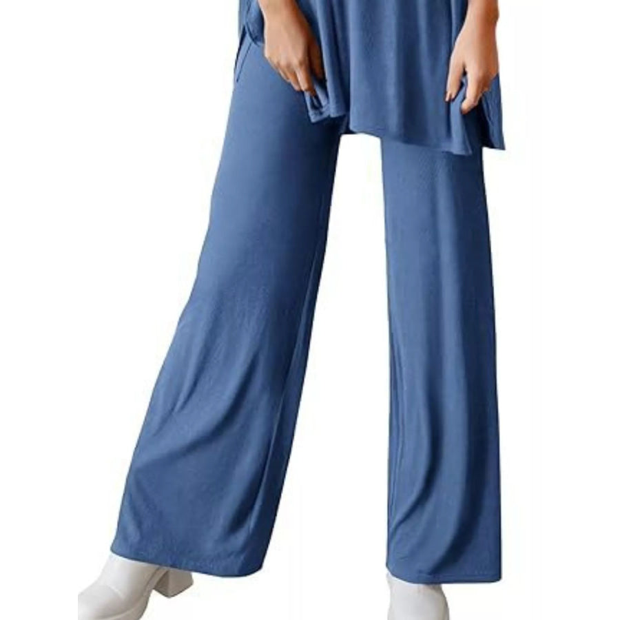 Slit Round Neck Top and Pants Set Apparel and Accessories