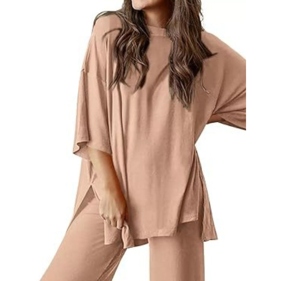Slit Round Neck Top and Pants Set Apparel and Accessories