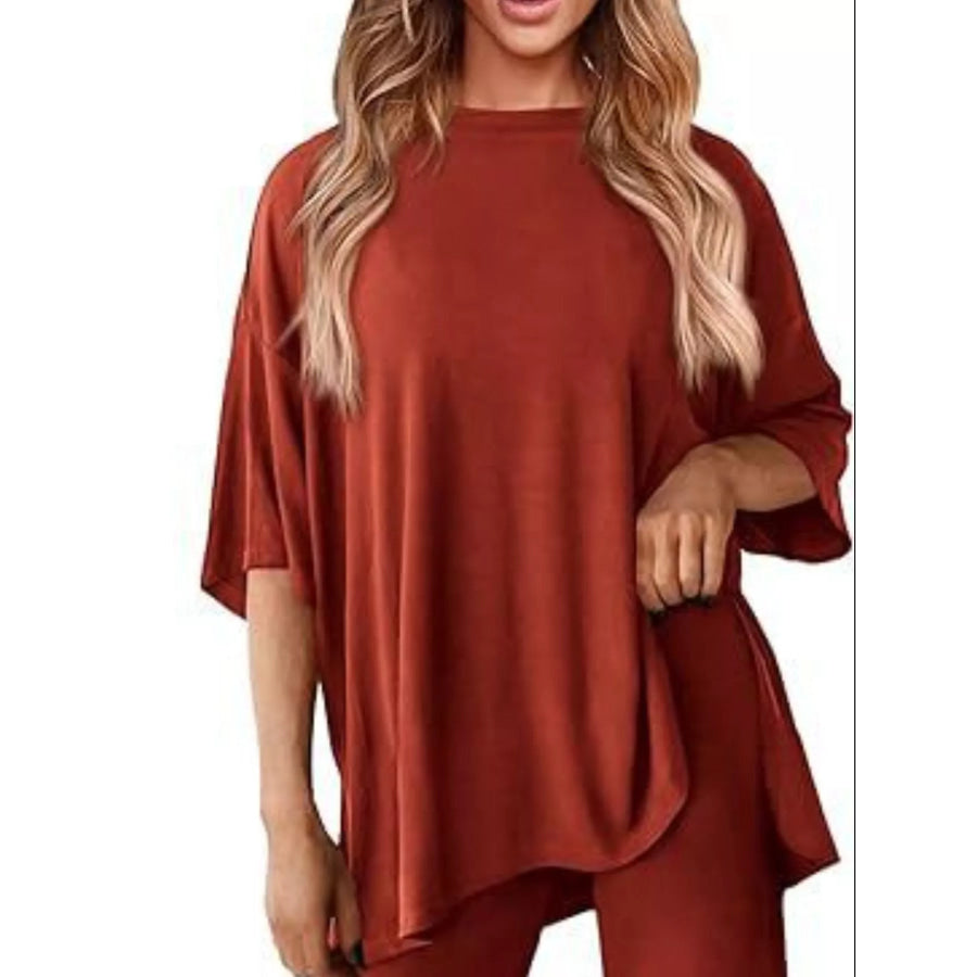 Slit Round Neck Top and Pants Set Apparel and Accessories