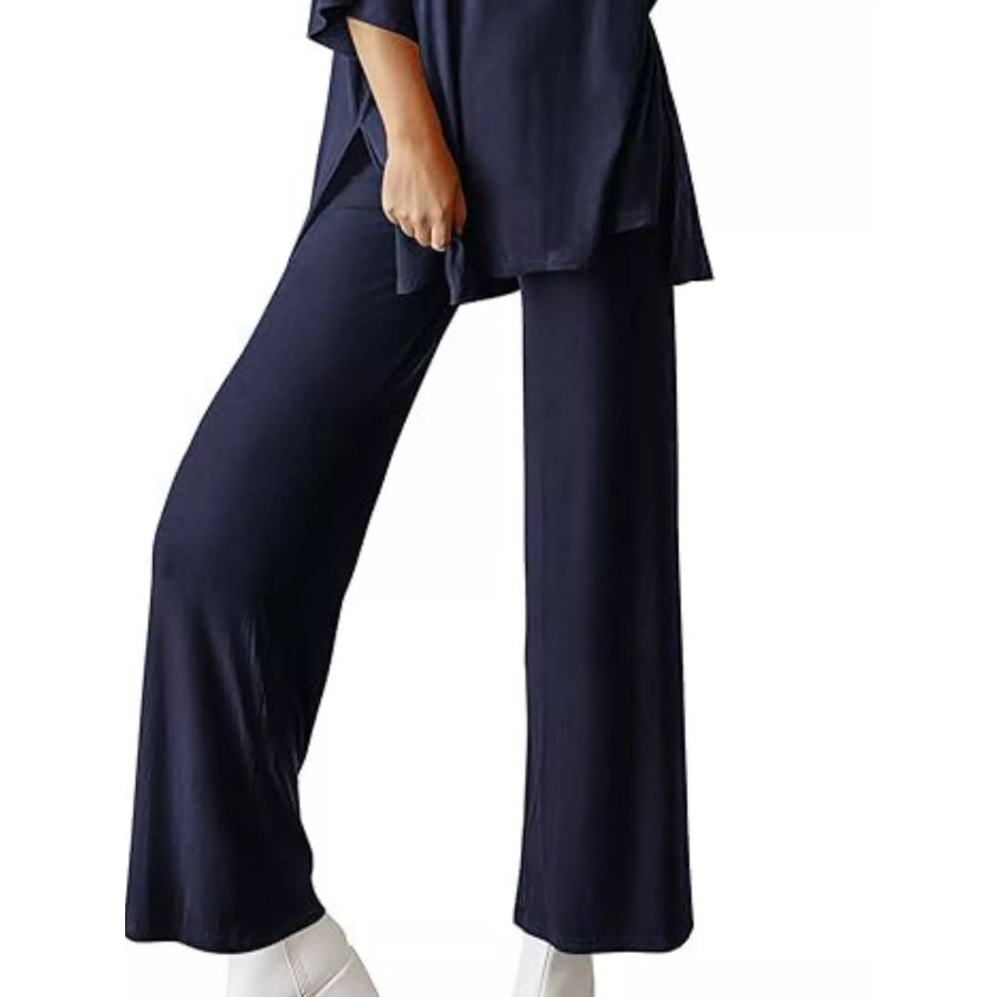 Slit Round Neck Top and Pants Set Apparel and Accessories