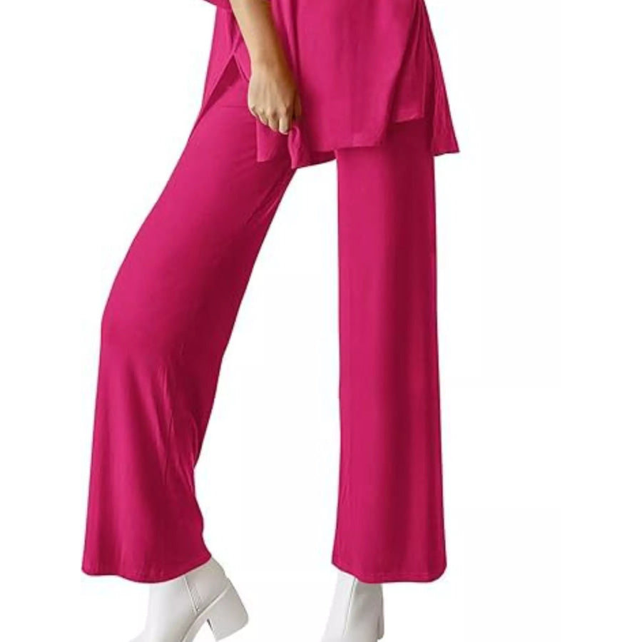 Slit Round Neck Top and Pants Set Apparel and Accessories