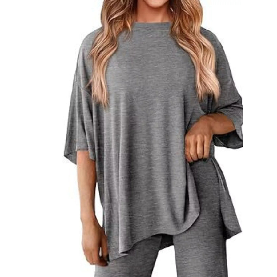 Slit Round Neck Top and Pants Set Apparel and Accessories