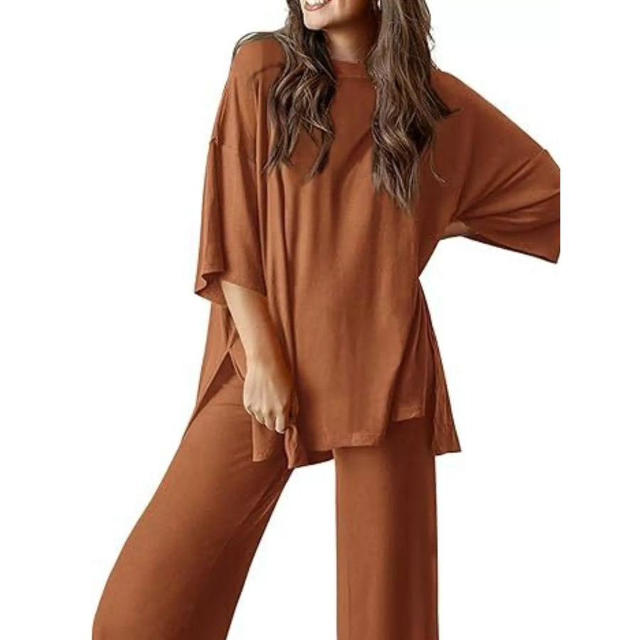 Slit Round Neck Top and Pants Set Caramel / S Apparel and Accessories