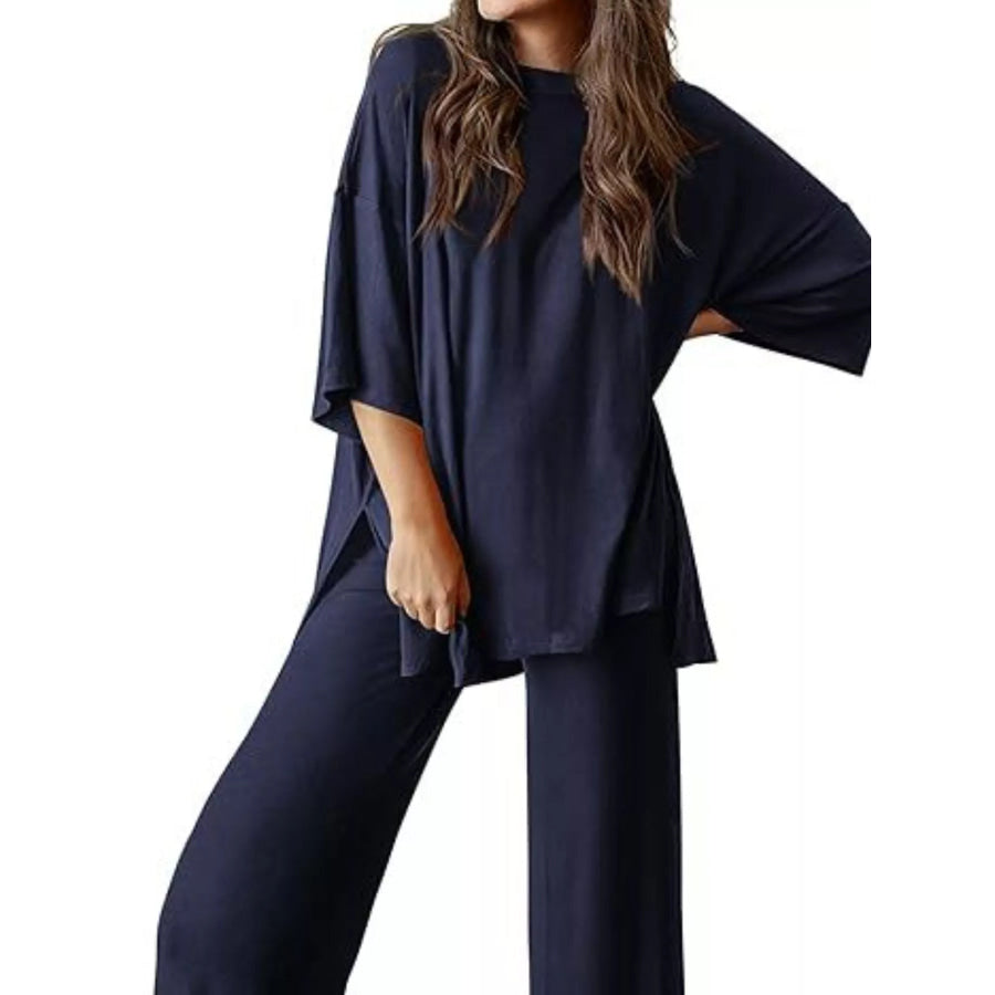 Slit Round Neck Top and Pants Set Dark Blue / S Apparel and Accessories