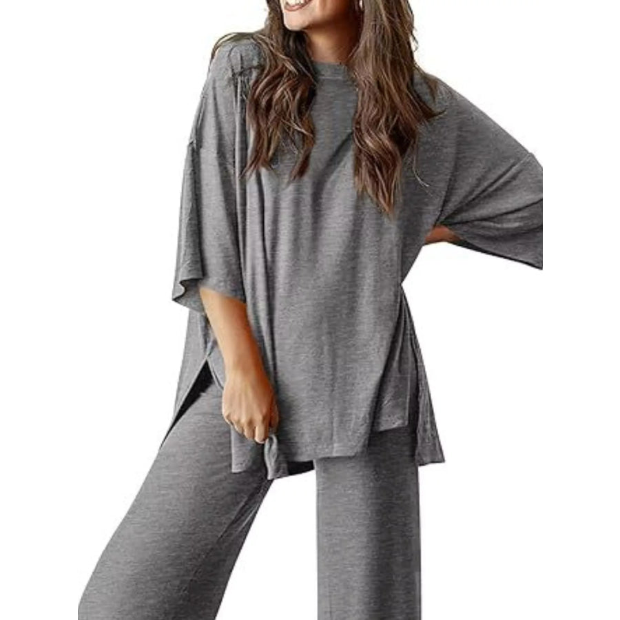 Slit Round Neck Top and Pants Set Dark Gray / S Apparel and Accessories