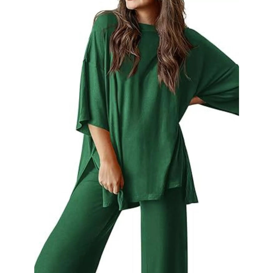 Slit Round Neck Top and Pants Set Dark Green / S Apparel and Accessories