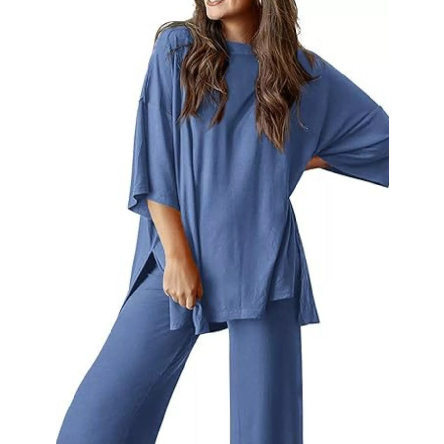 Slit Round Neck Top and Pants Set Dusty Blue / S Apparel and Accessories