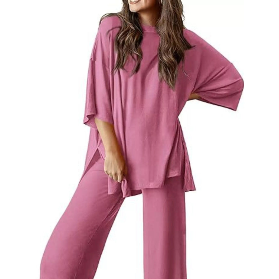 Slit Round Neck Top and Pants Set Dusty Pink / S Apparel and Accessories