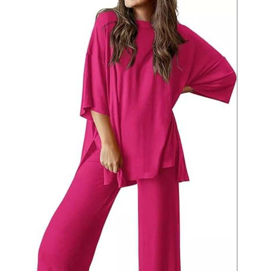 Slit Round Neck Top and Pants Set Hot Pink / S Apparel and Accessories