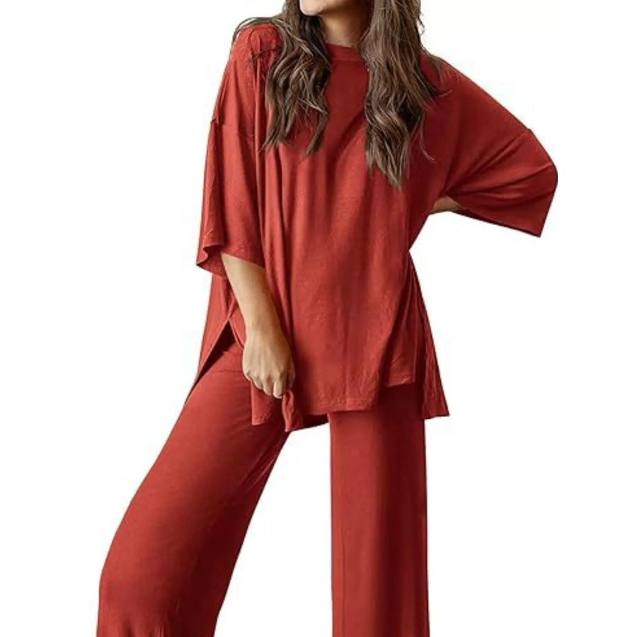 Slit Round Neck Top and Pants Set Rust / S Apparel and Accessories