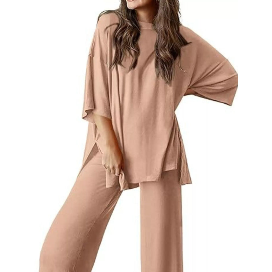 Slit Round Neck Top and Pants Set Tan / S Apparel and Accessories