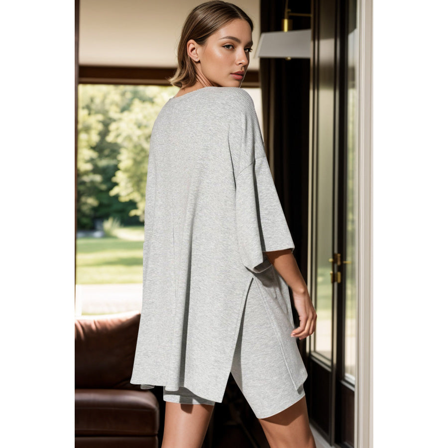 Slit Round Neck Top and Shorts Set Gray / S Apparel and Accessories