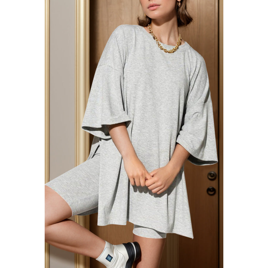 Slit Round Neck Top and Shorts Set Gray / S Apparel and Accessories