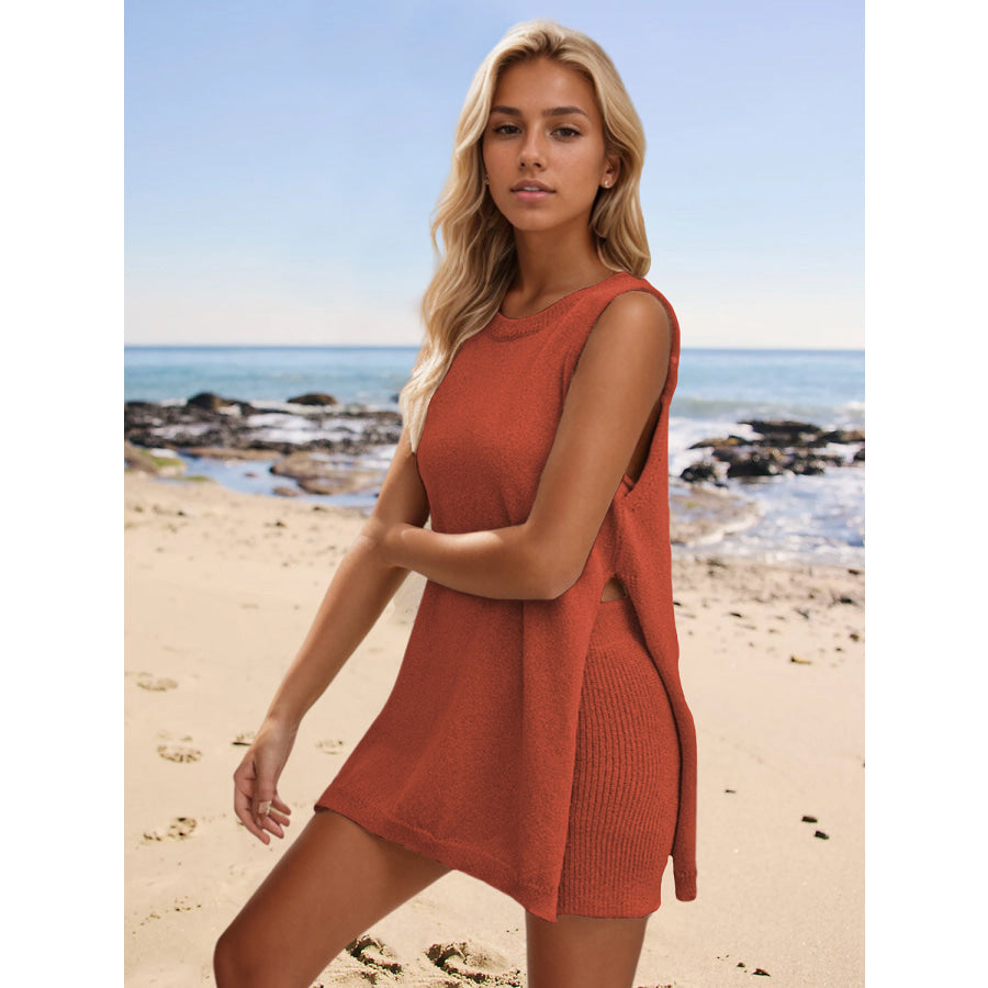 Slit Round Neck Top and Shorts Set Rust / S Apparel and Accessories