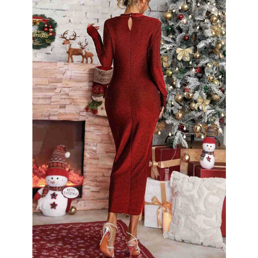 Slit Ruched Mock Neck Long Sleeve Dress Apparel and Accessories