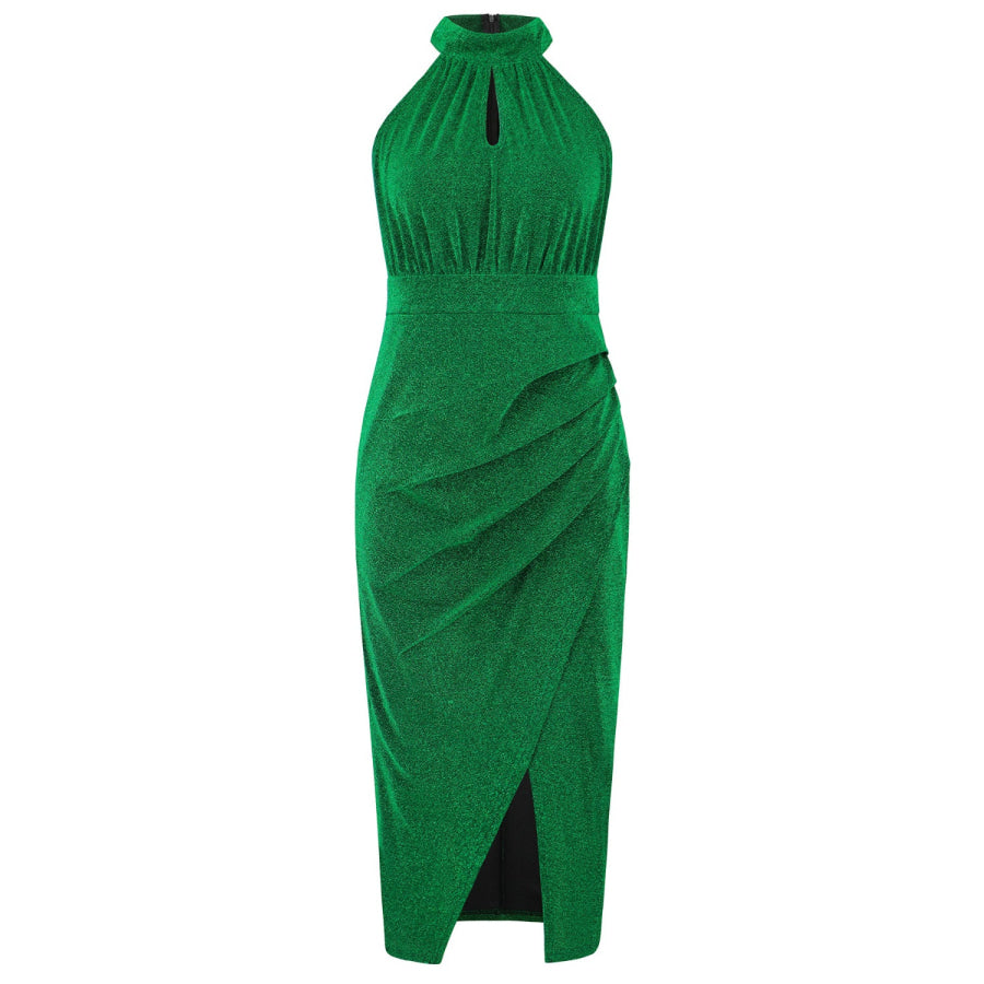 Slit Ruched Mock Neck Sleeveless Dress Apparel and Accessories