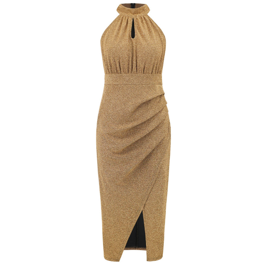 Slit Ruched Mock Neck Sleeveless Dress Apparel and Accessories