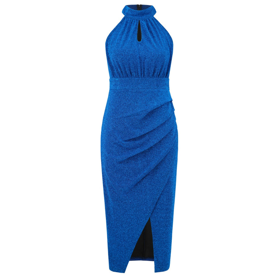 Slit Ruched Mock Neck Sleeveless Dress Apparel and Accessories